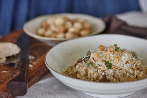 Risotto with truffle roasted macadamias and porcini mushrooms
