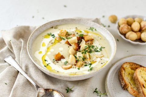 Potato, leek and roasted macadamia soup