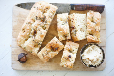 Focaccia with salt, rosemary and honey macadamia butter crust